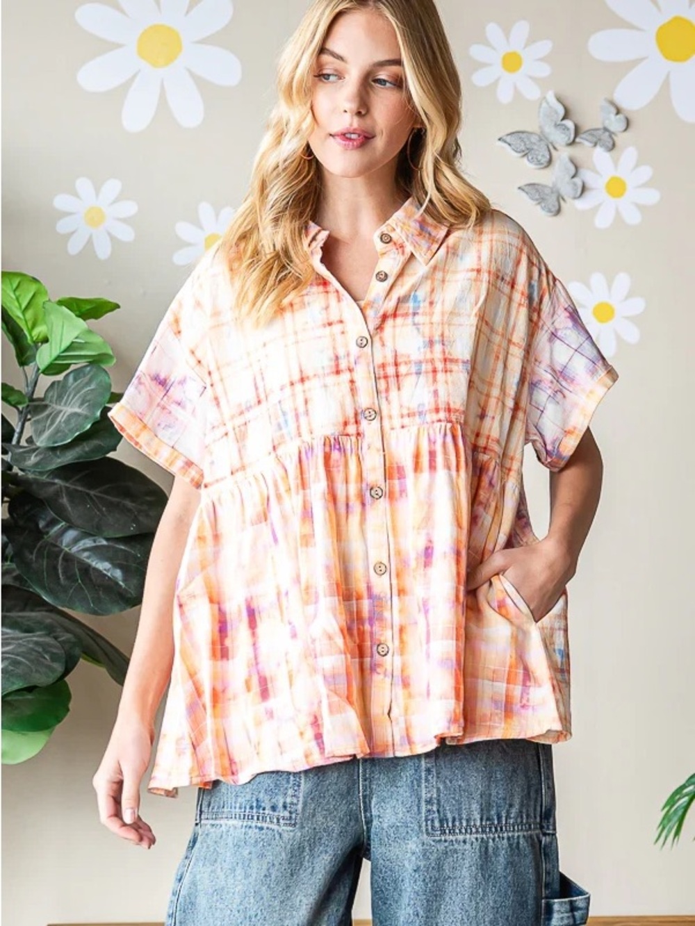 Women’s Short-Sleeve Button-Front Plaid Peplum Top - Pink Multi - Picture 7 of 9